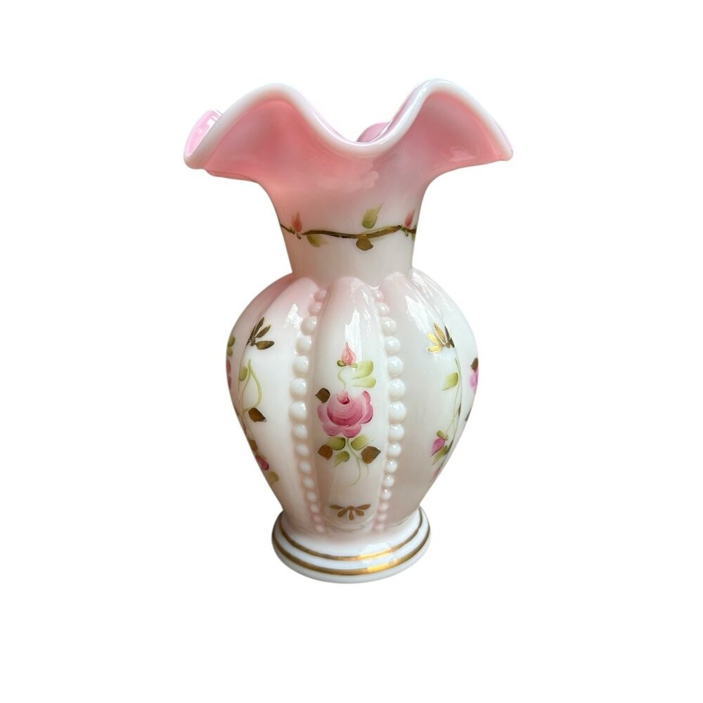 Fenton Rosalene Charleton Collection Hand Painted Beaded Melon Vase 2002 Signed - Picture 4 of 9